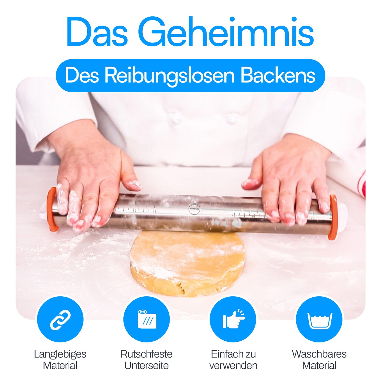 360Trends Edelstahl-Teigrolle (Rolling Pin) mit verstellbaren Dicke-Ringen & großer Silikon-Backmatte | BPA-frei, Antihaft & spülmaschinenfest | Perfekt für Fondant, Keksteig, Pizza & Flammkuchen