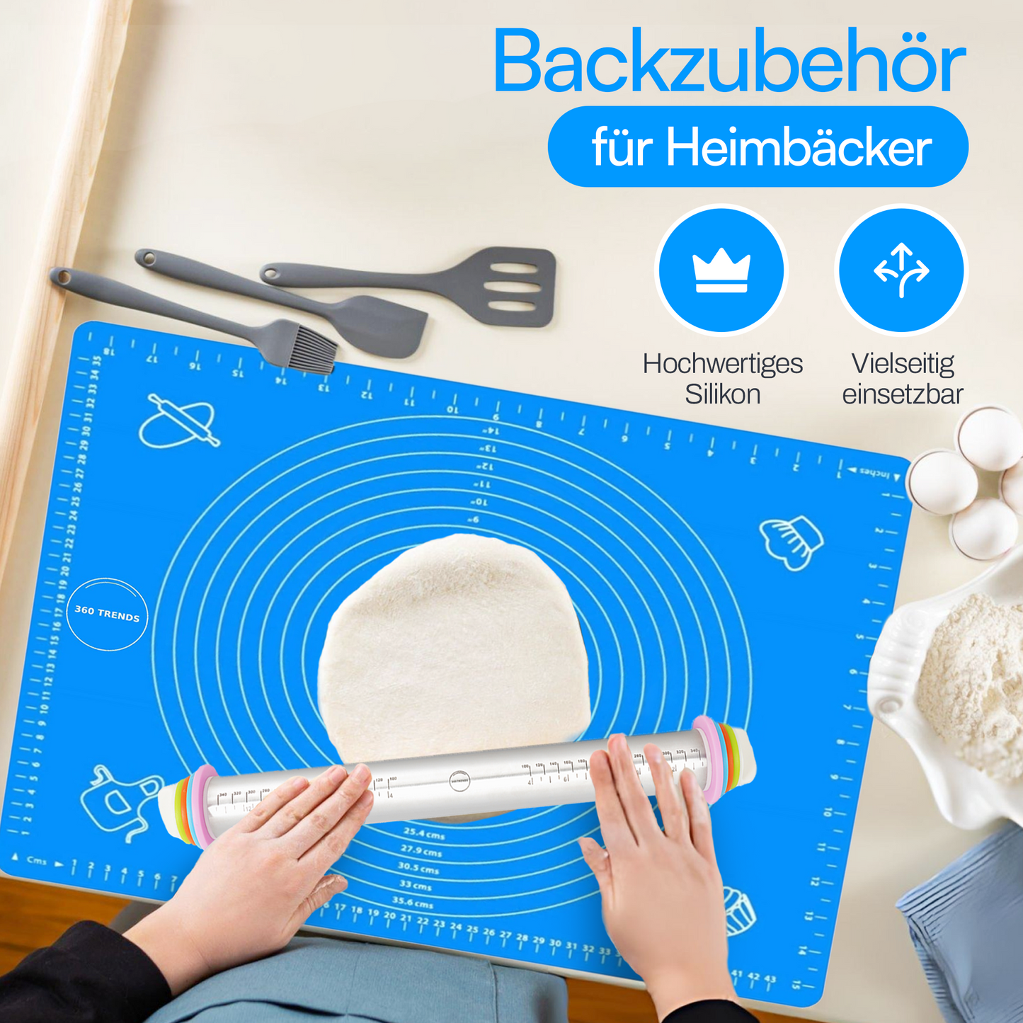 360Trends Edelstahl-Teigrolle (Rolling Pin) mit verstellbaren Dicke-Ringen & großer Silikon-Backmatte | BPA-frei, Antihaft & spülmaschinenfest | Perfekt für Fondant, Keksteig, Pizza & Flammkuchen