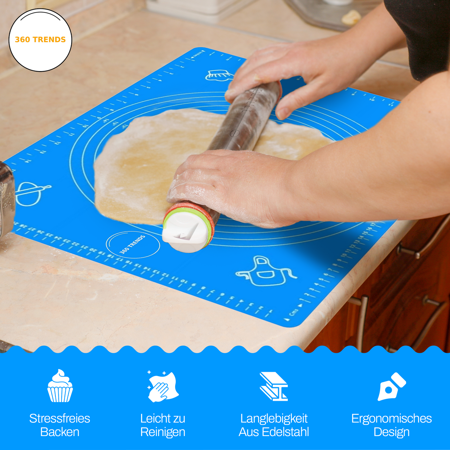 360Trends Edelstahl-Teigrolle (Rolling Pin) mit verstellbaren Dicke-Ringen & großer Silikon-Backmatte | BPA-frei, Antihaft & spülmaschinenfest | Perfekt für Fondant, Keksteig, Pizza & Flammkuchen